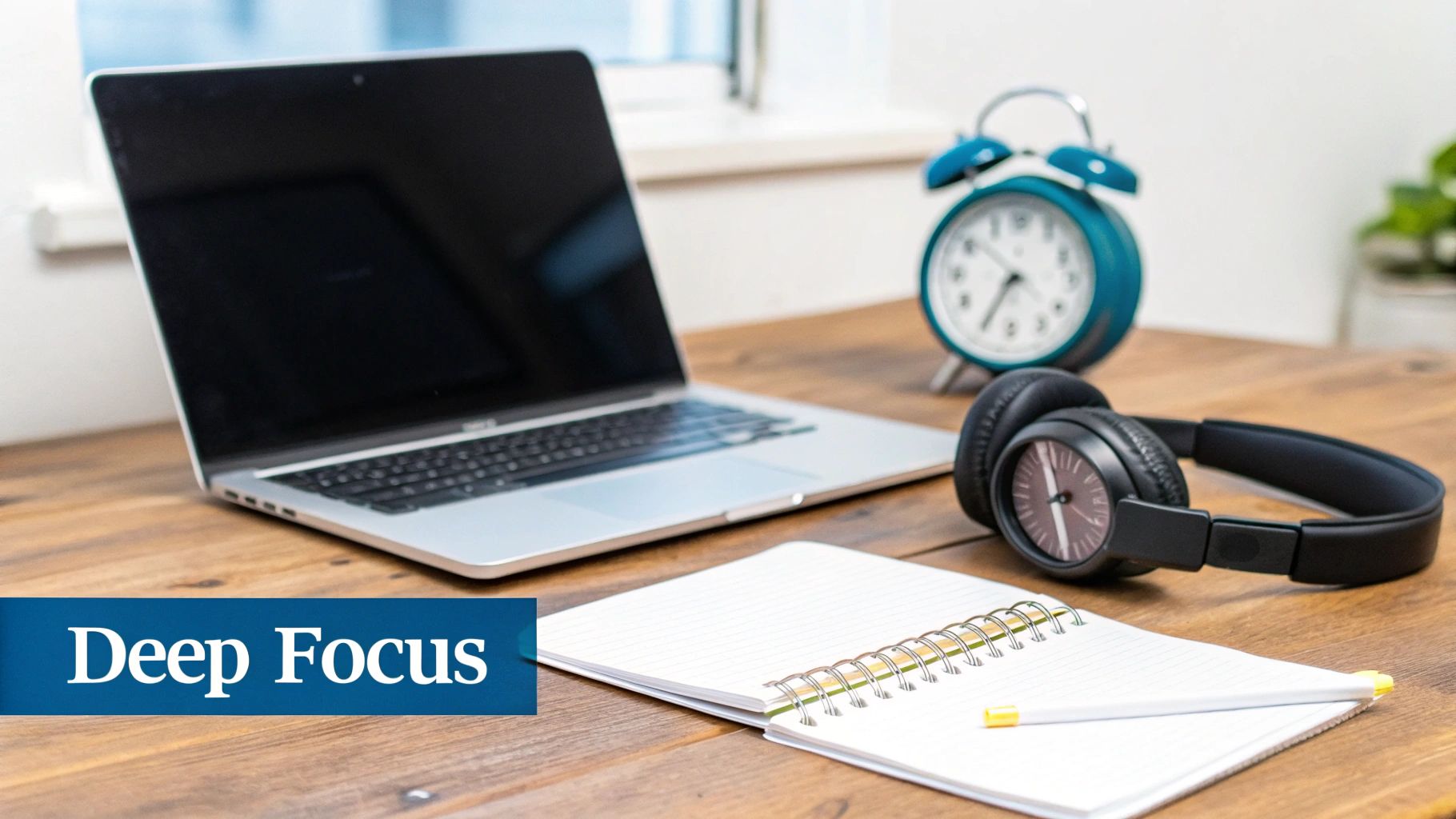 A dedicated workspace with a laptop, headphones with a timer, a notebook, and an alarm clock on a wooden desk.