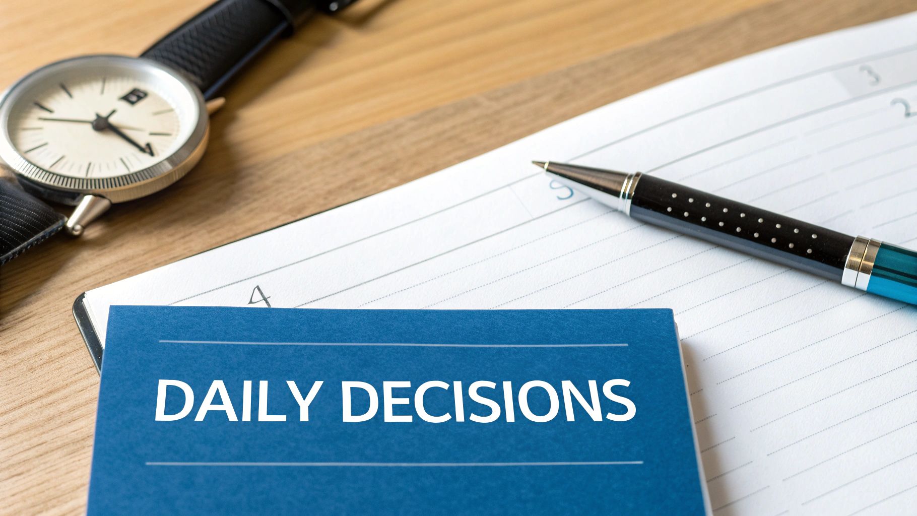 Daily decisions notebook with pen and watch on wooden desk for productivity planning