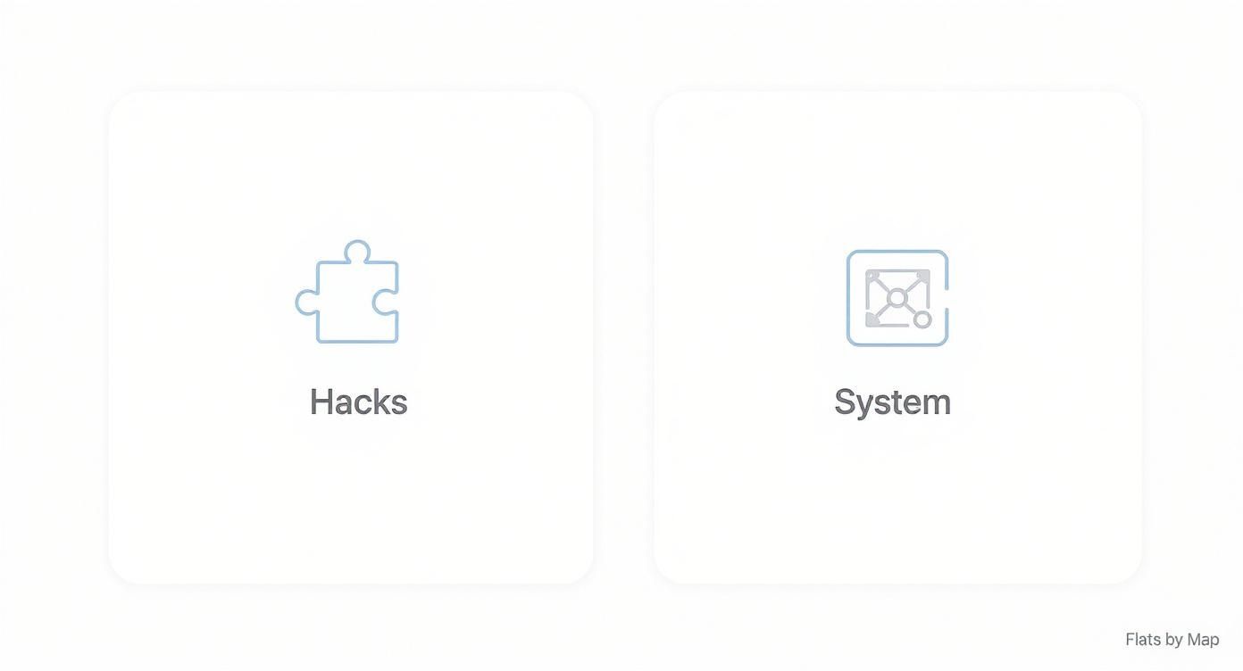 Infographic comparing a puzzle-piece approach of productivity hacks to a blueprint approach of a personal productivity system