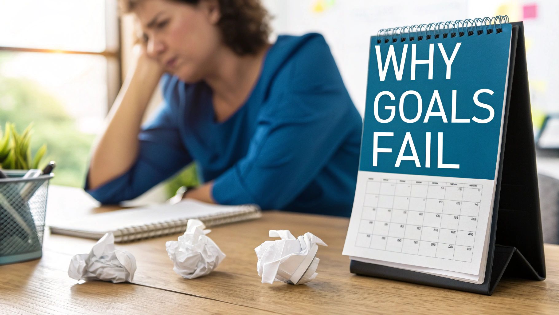 A frustrated woman sits at a desk with a calendar displaying 'WHY GOALS FAIL' and crumpled papers.