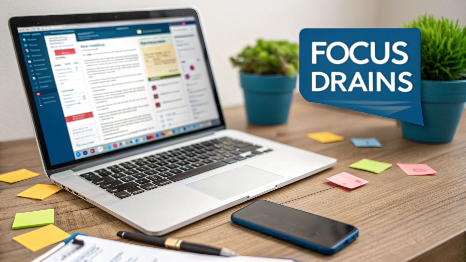 A laptop and smartphone on a wooden desk surrounded by sticky notes and plants, with a 'FOCUS DRAINS' speech bubble.