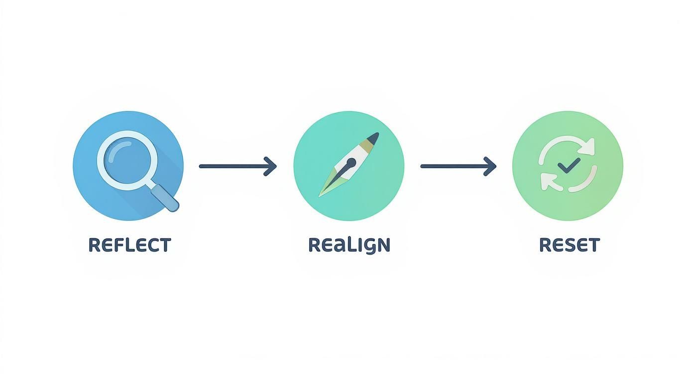 Three illustrative icons depicting a cyclical process: Reflect, Realign, and Reset steps.