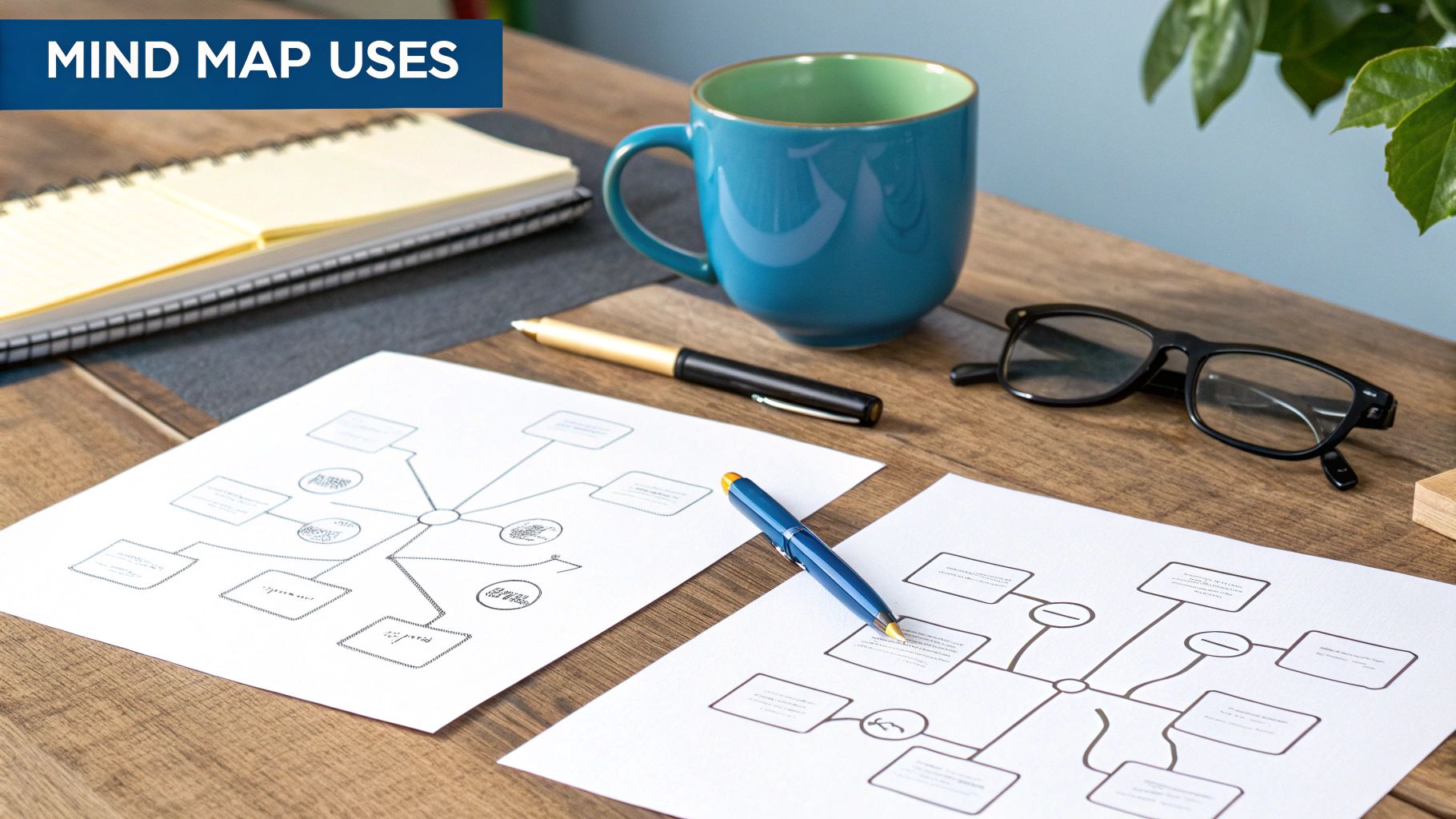 A wooden desk with two mind map diagrams, pens, a blue mug, and glasses, under a "MIND MAP USES" banner.
