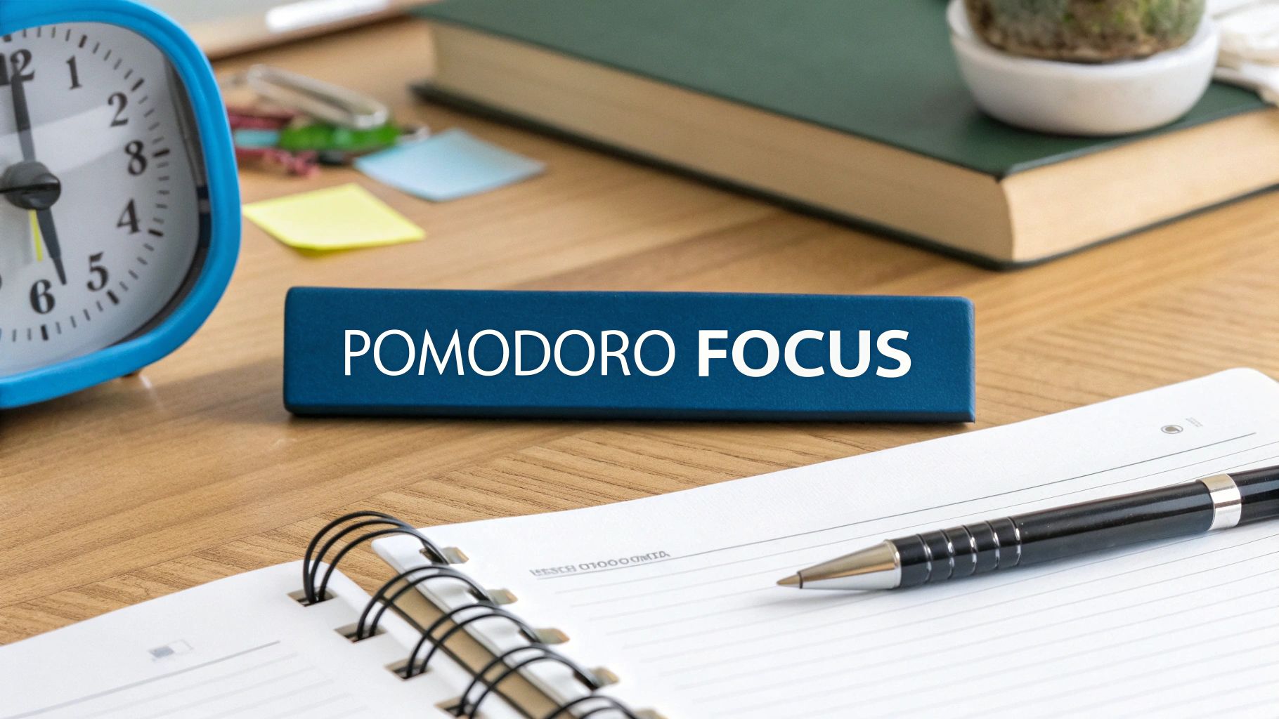 A desk with a blue alarm clock, notebook, pen, and a block labeled 'POMODORO FOCUS'.