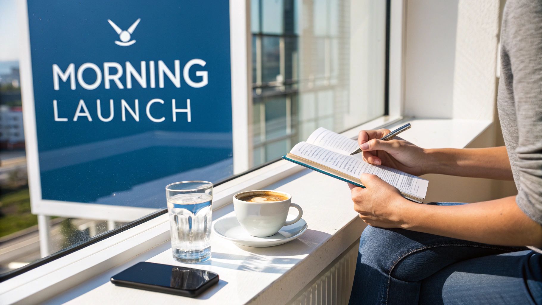 A person sitting at a desk with a cup of coffee and a notebook, looking out the window as the sun rises.