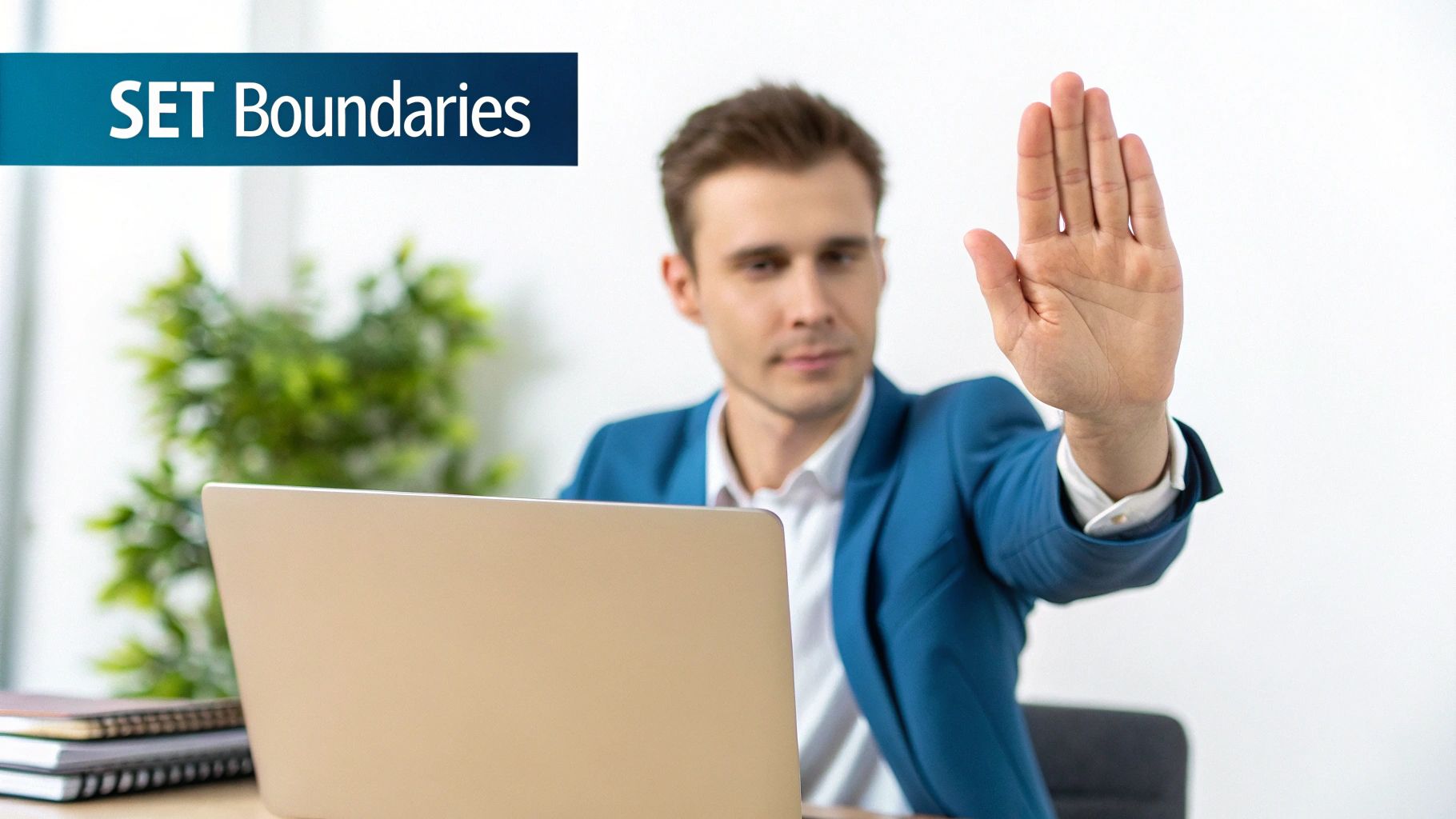 A man in a blue suit raises his hand in a 'stop' gesture, with 'SET Boundaries' text visible.