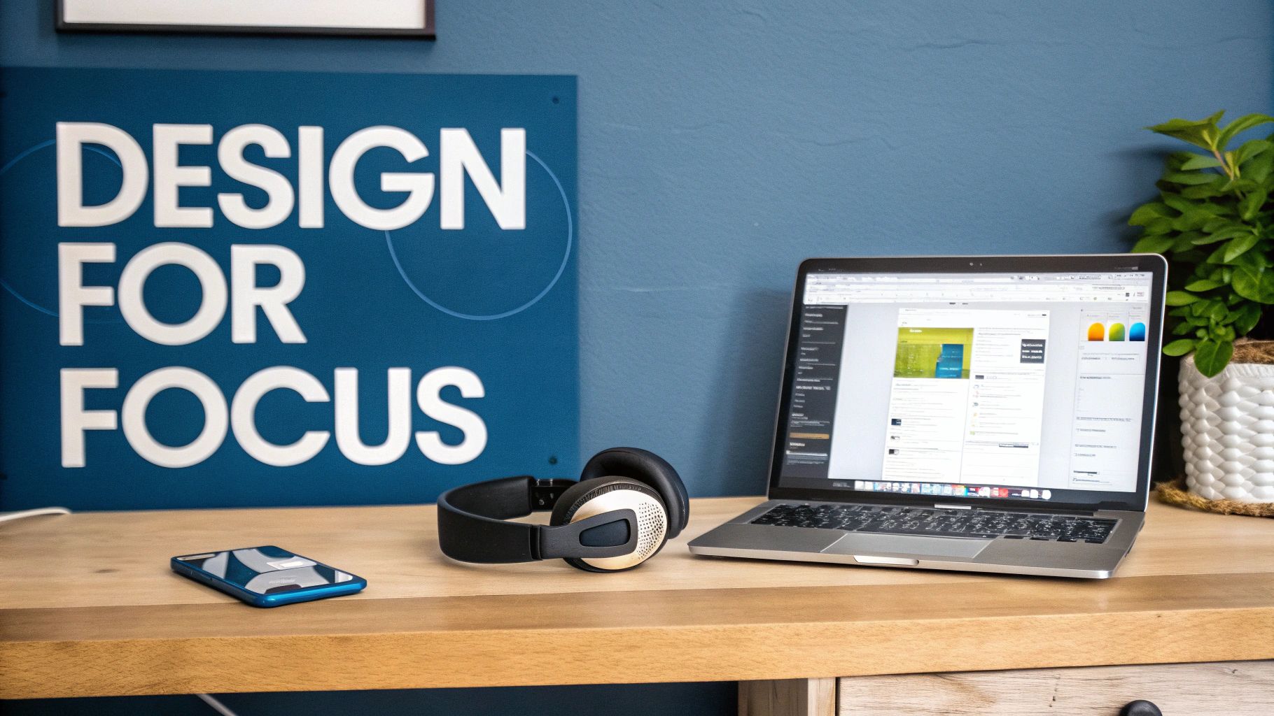A person sitting at a clean, organized desk with a laptop and a plant, suggesting a focused work environment.