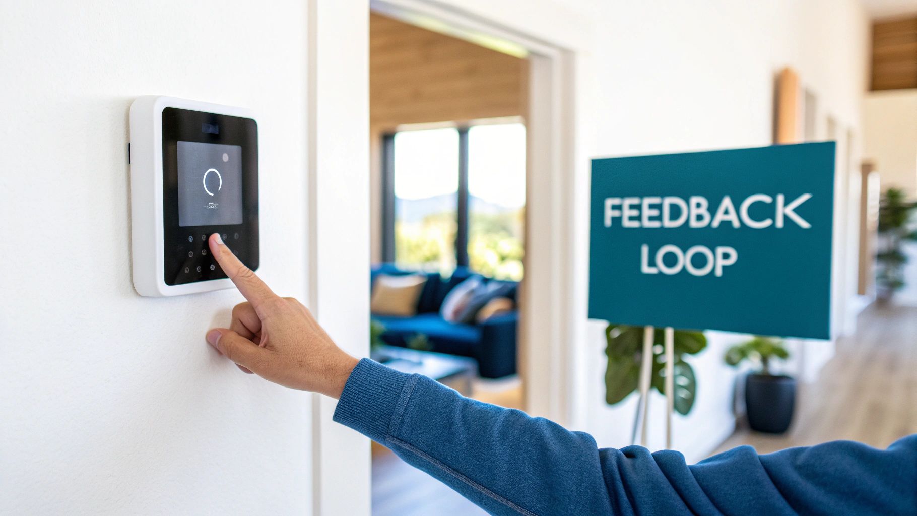 Hand pressing a smart home device, with 'Feedback Loop' sign visible in the background.