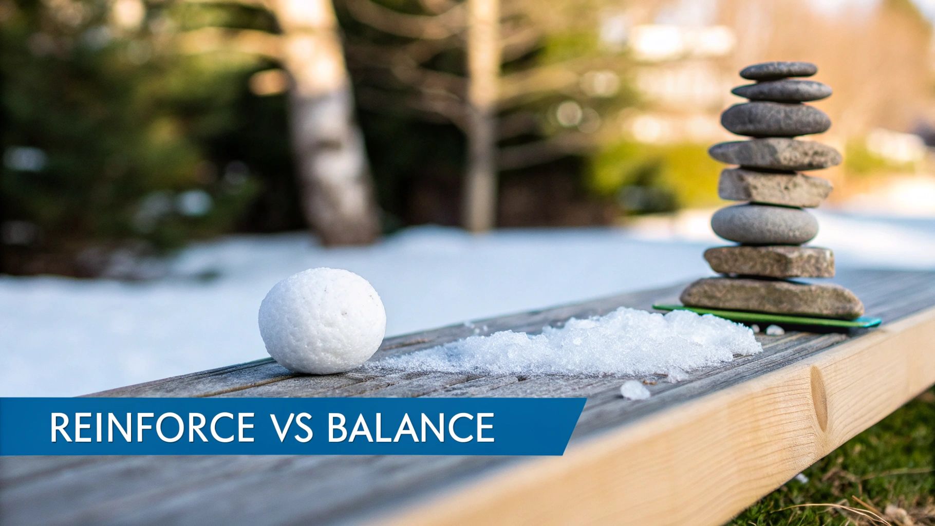 A snowball, loose snow, and a tall stack of balanced rocks on a wooden board in a snowy outdoor setting.