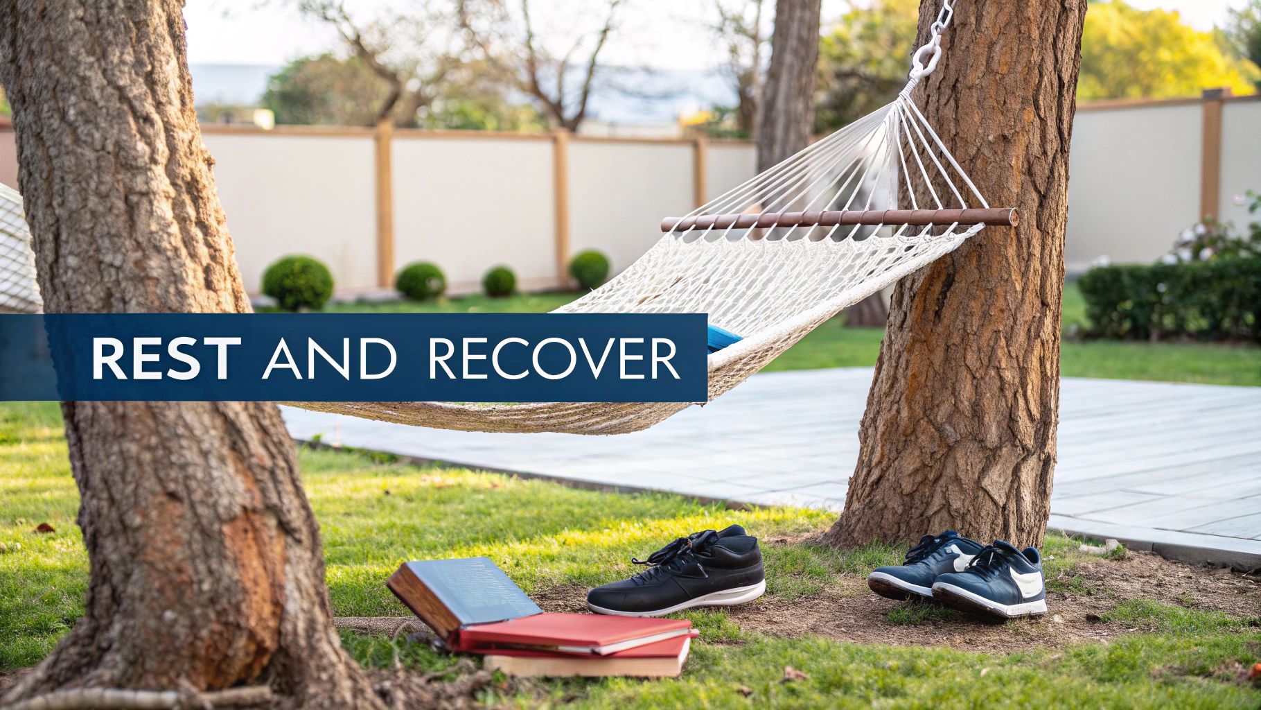 A serene backyard with a hammock, books, and sneakers, encouraging rest and recovery.