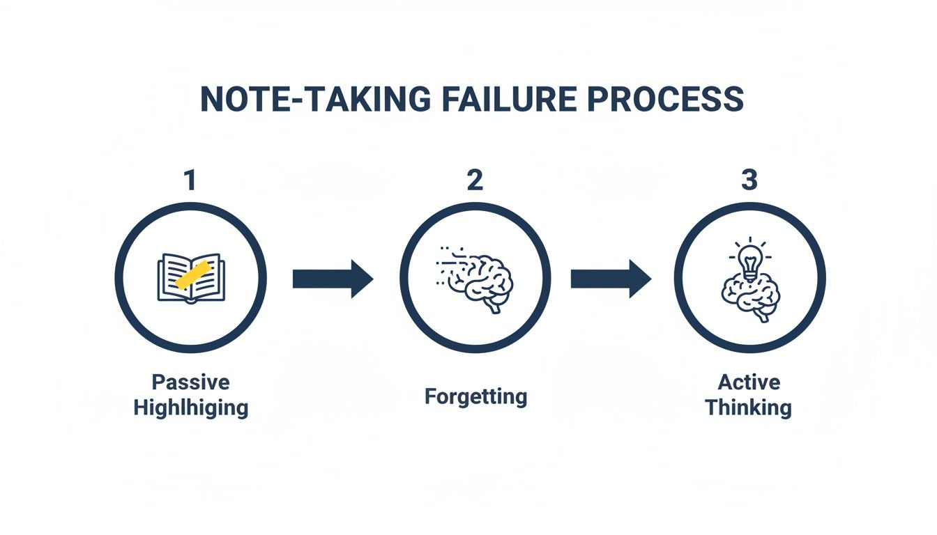 Diagram illustrating the note-taking failure process from passive highlighting to forgetting and active thinking.