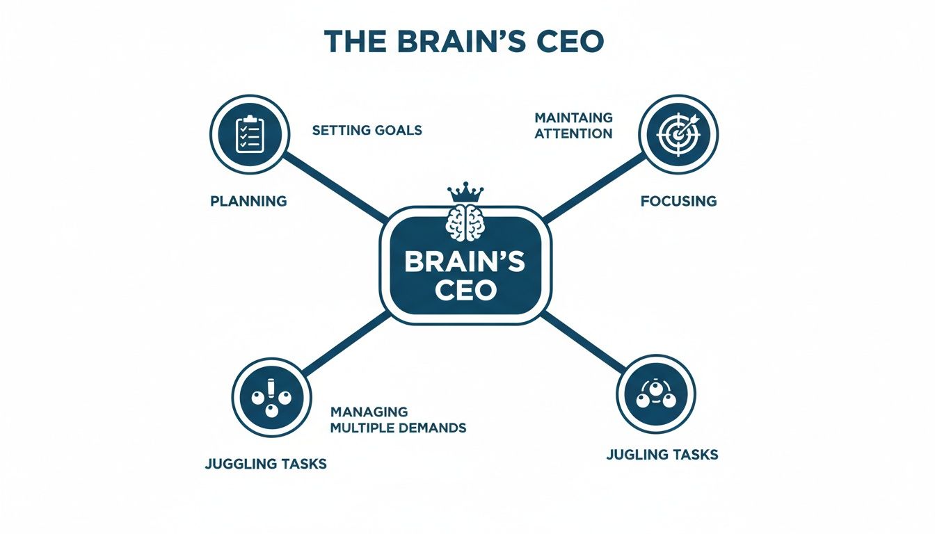 Diagram illustrating the Brain's CEO functions: planning, focusing, managing demands, and juggling tasks.