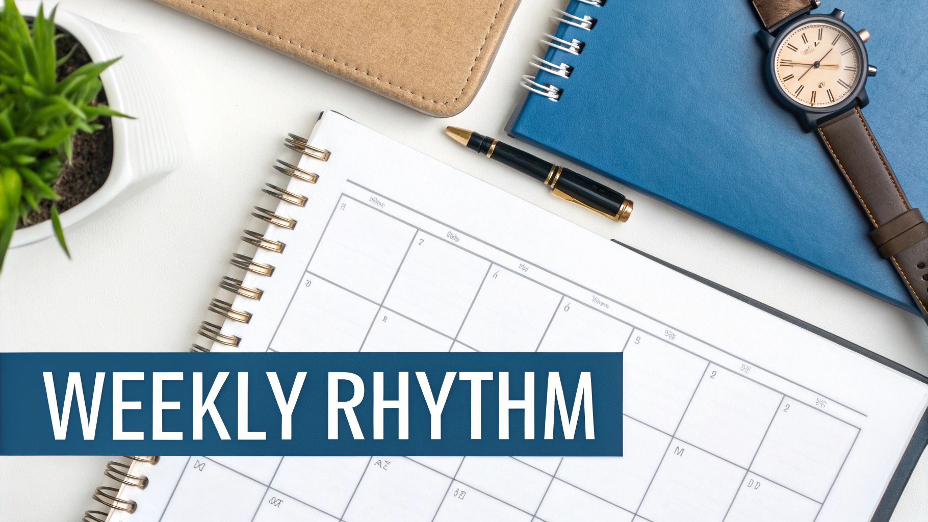 A flat lay of a desk showing a weekly planner with 'Weekly Rhythm' text, notebooks, pen, watch, and a plant.