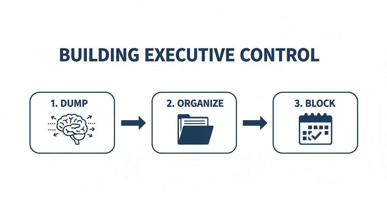Diagram illustrating three steps for building executive control: Dump (brain), Organize (folder), and Block (calendar).