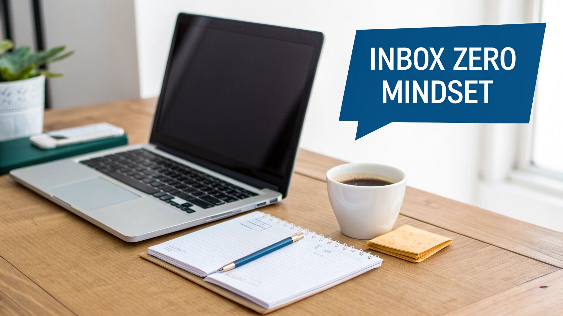 A tidy workspace with a laptop, coffee, and notebook on a wooden desk, promoting an Inbox Zero Mindset.