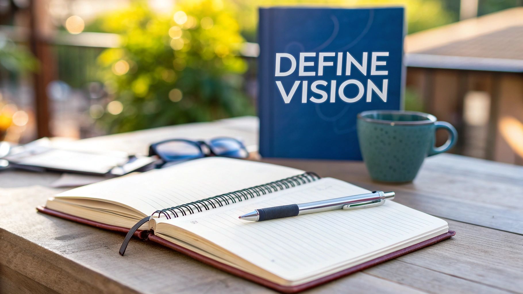 A person at a desk drawing a roadmap from a thought bubble to a checklist, symbolizing turning vision into goals.