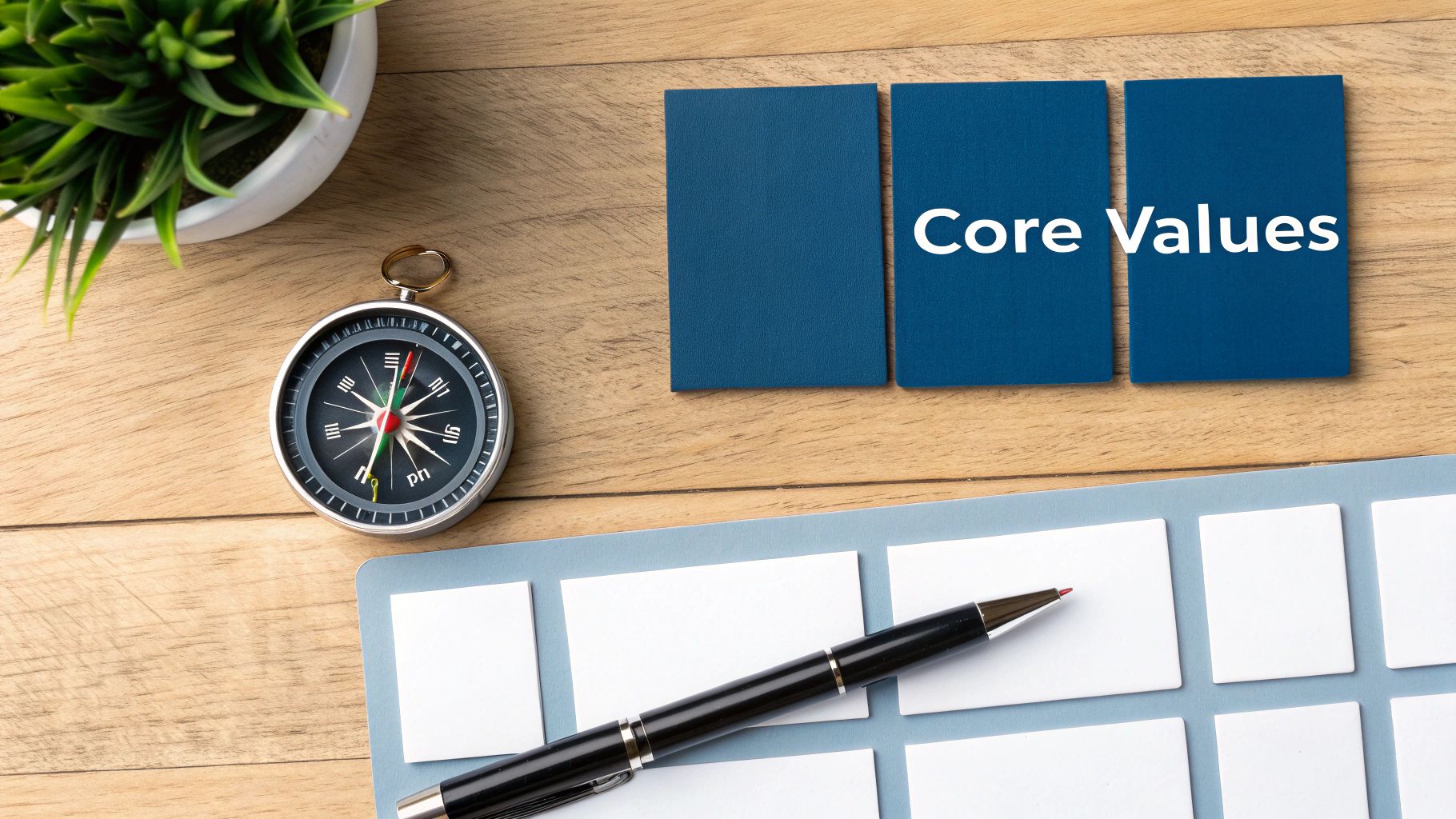 Core values concept with compass, notebook, pen and blank cards on wooden desk for life direction planning