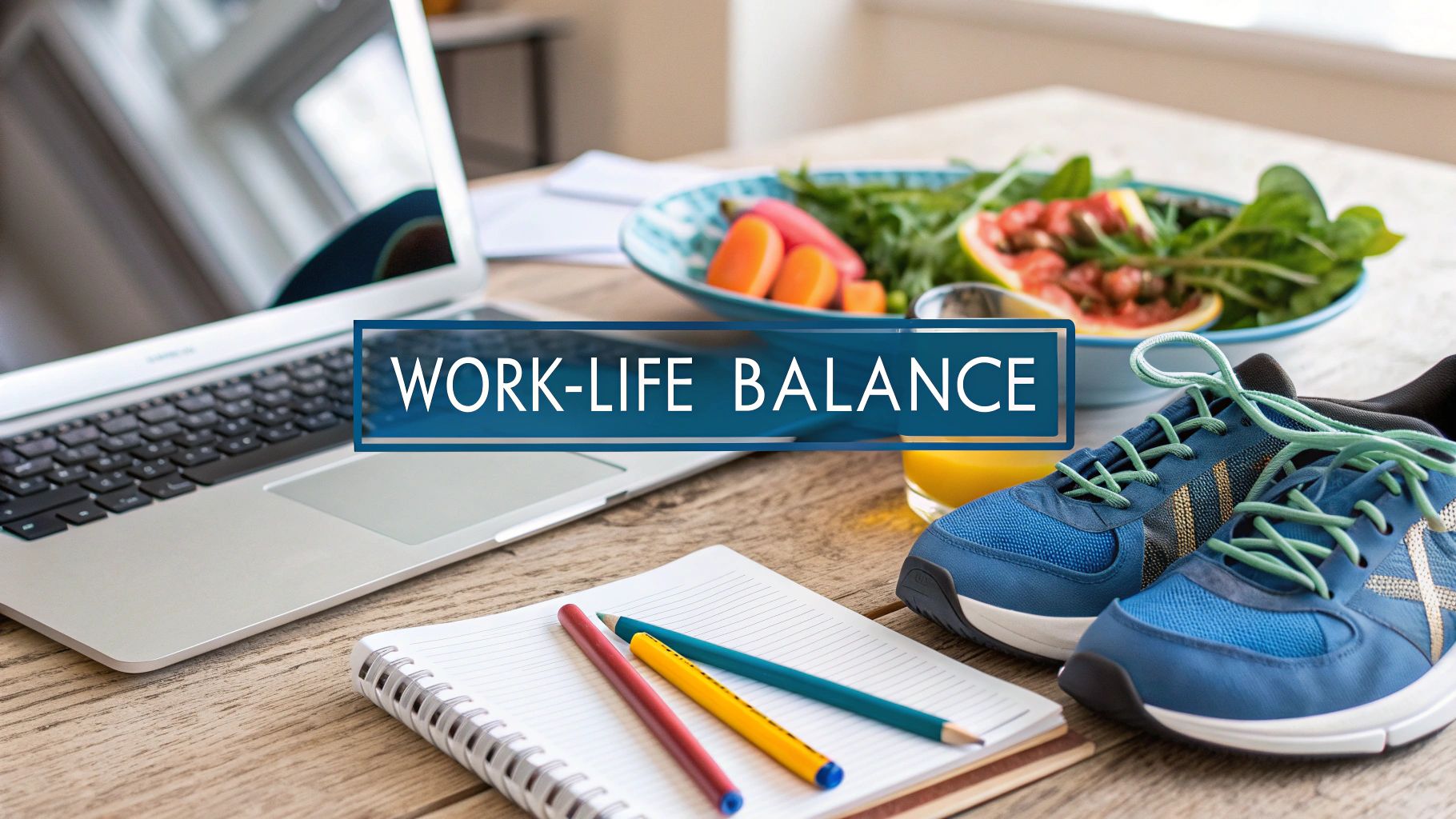 A desk scene displaying a laptop, healthy salad, juice, and running shoes, symbolizing work-life balance.