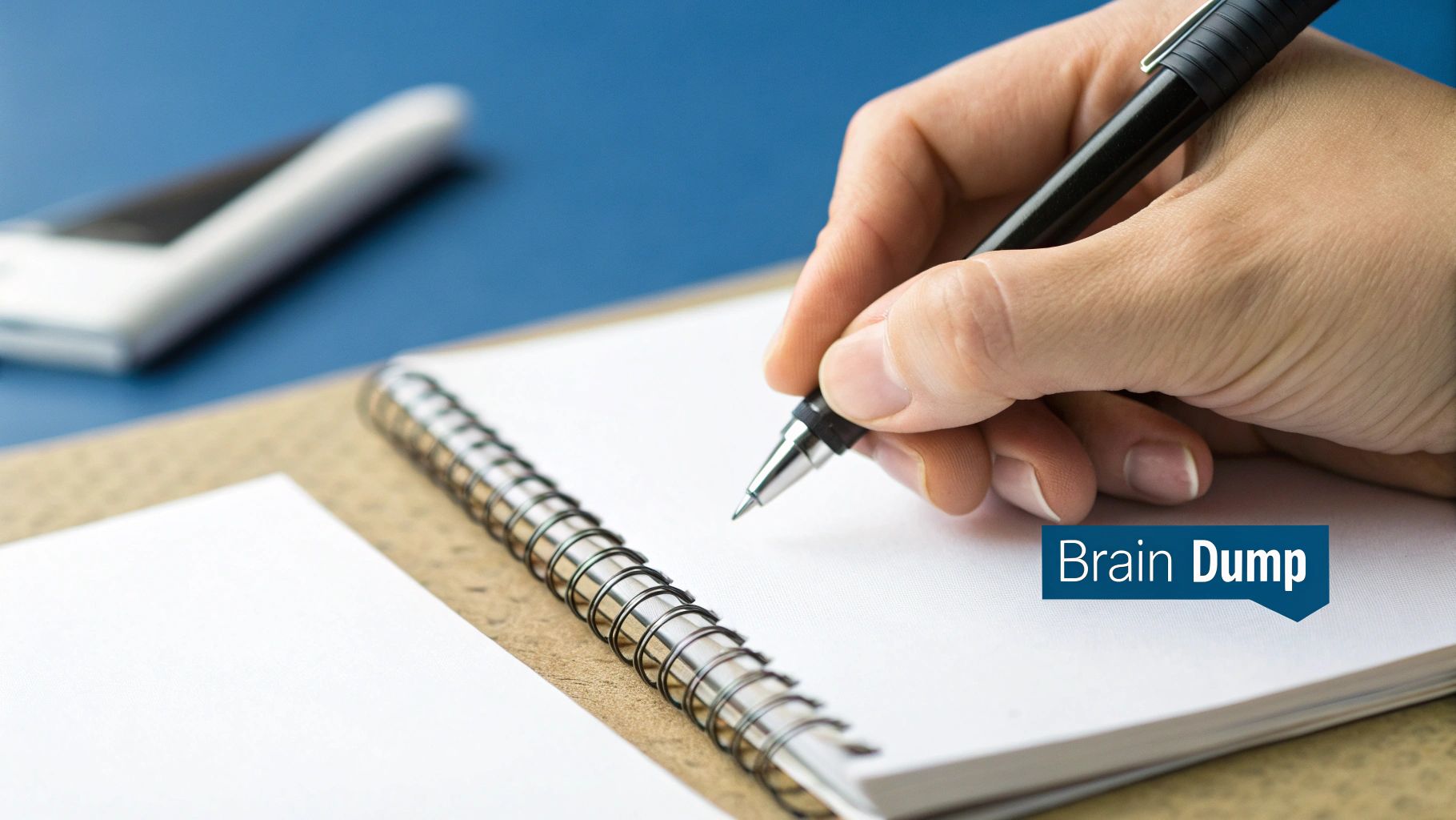 A person writing in a notebook, externalizing their thoughts to achieve clarity.