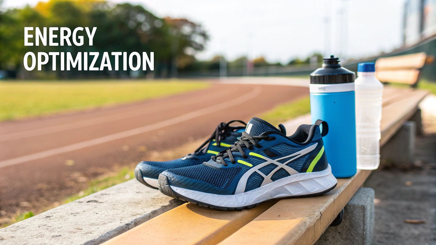 Blue Asics running shoes and water bottles on a wooden bench next to a track field, with 'ENERGY OPTIMIZATION' text.
