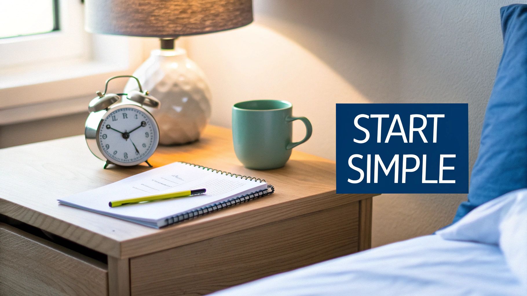 A bedside table with an alarm clock, lamp, mug, and notebook, with "START SIMPLE" text overlay.