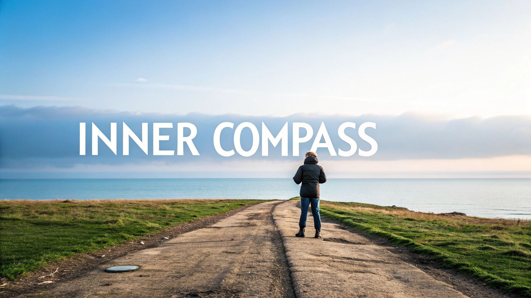 Person standing on coastal path looking at ocean horizon representing inner compass and personal values