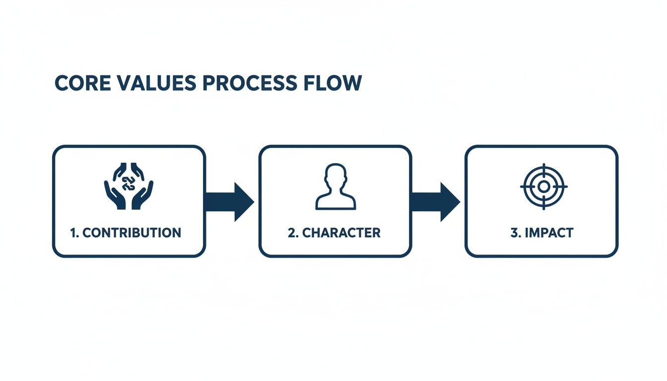 A flowchart illustrating the Core Values Process, detailing steps for Contribution, Character, and Impact.