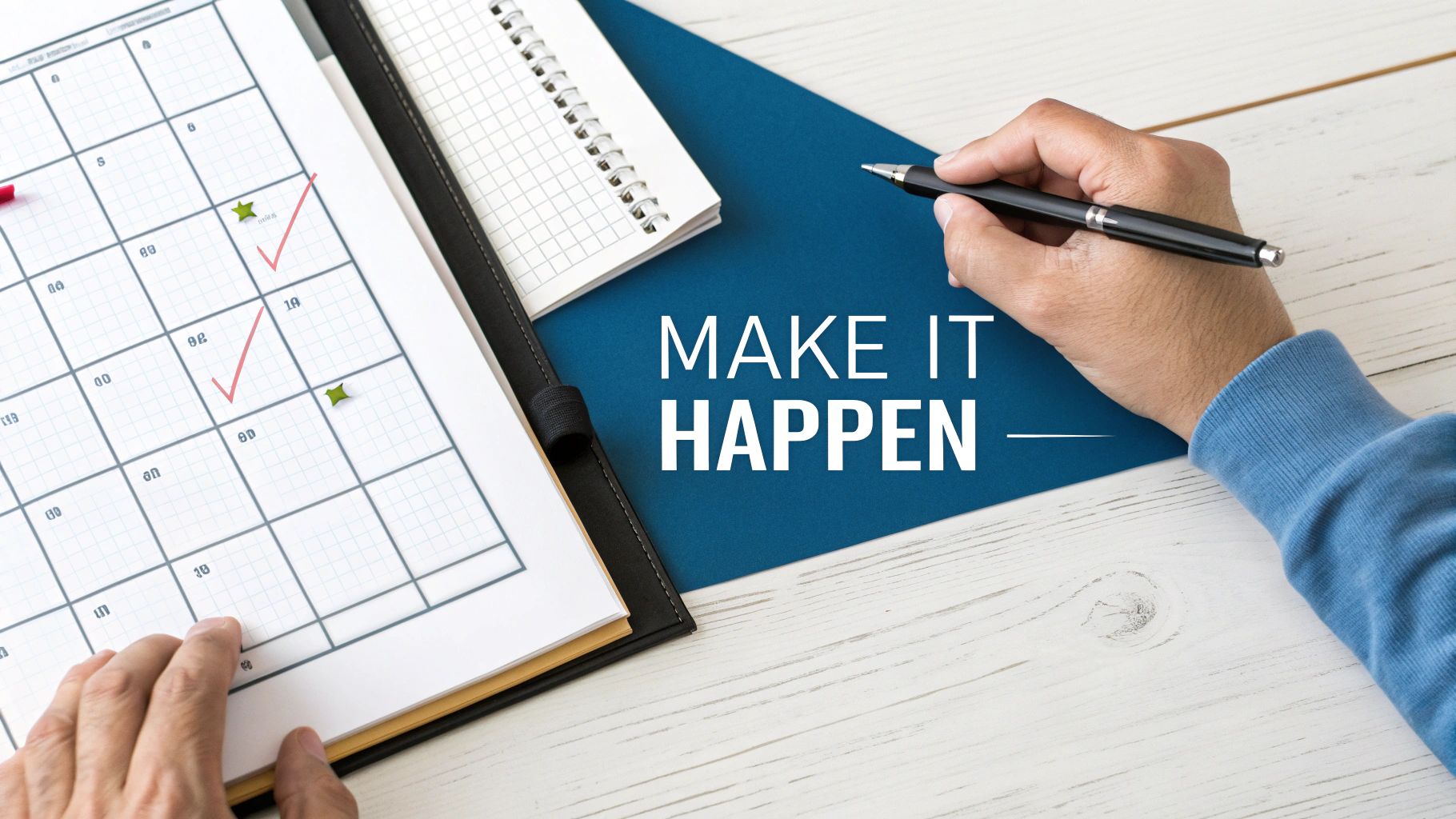 A person at a desk turning plans on paper into tangible actions on a computer.