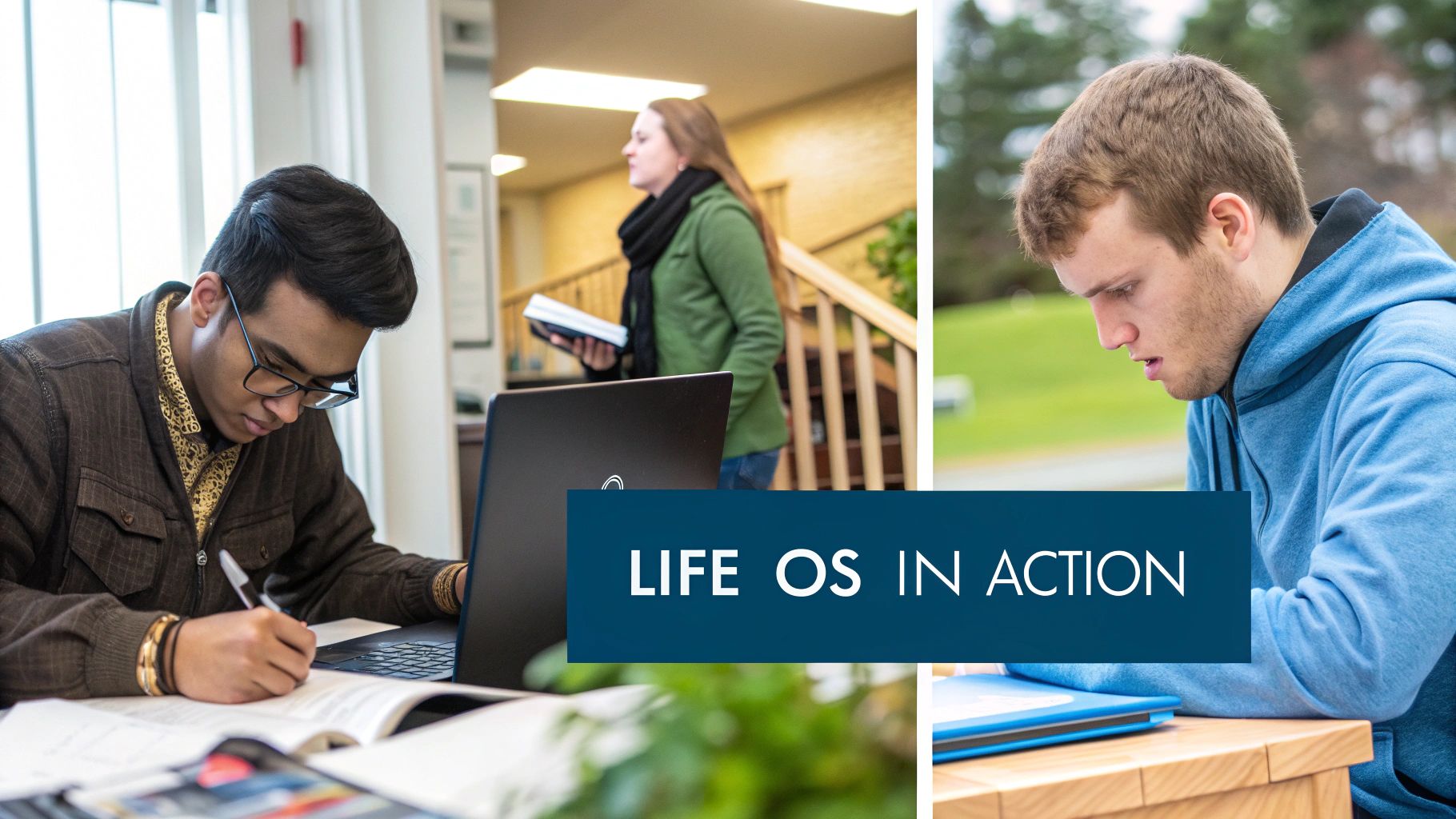 Students engaged in study and learning activities with books and laptops, showcasing diverse learning environments.