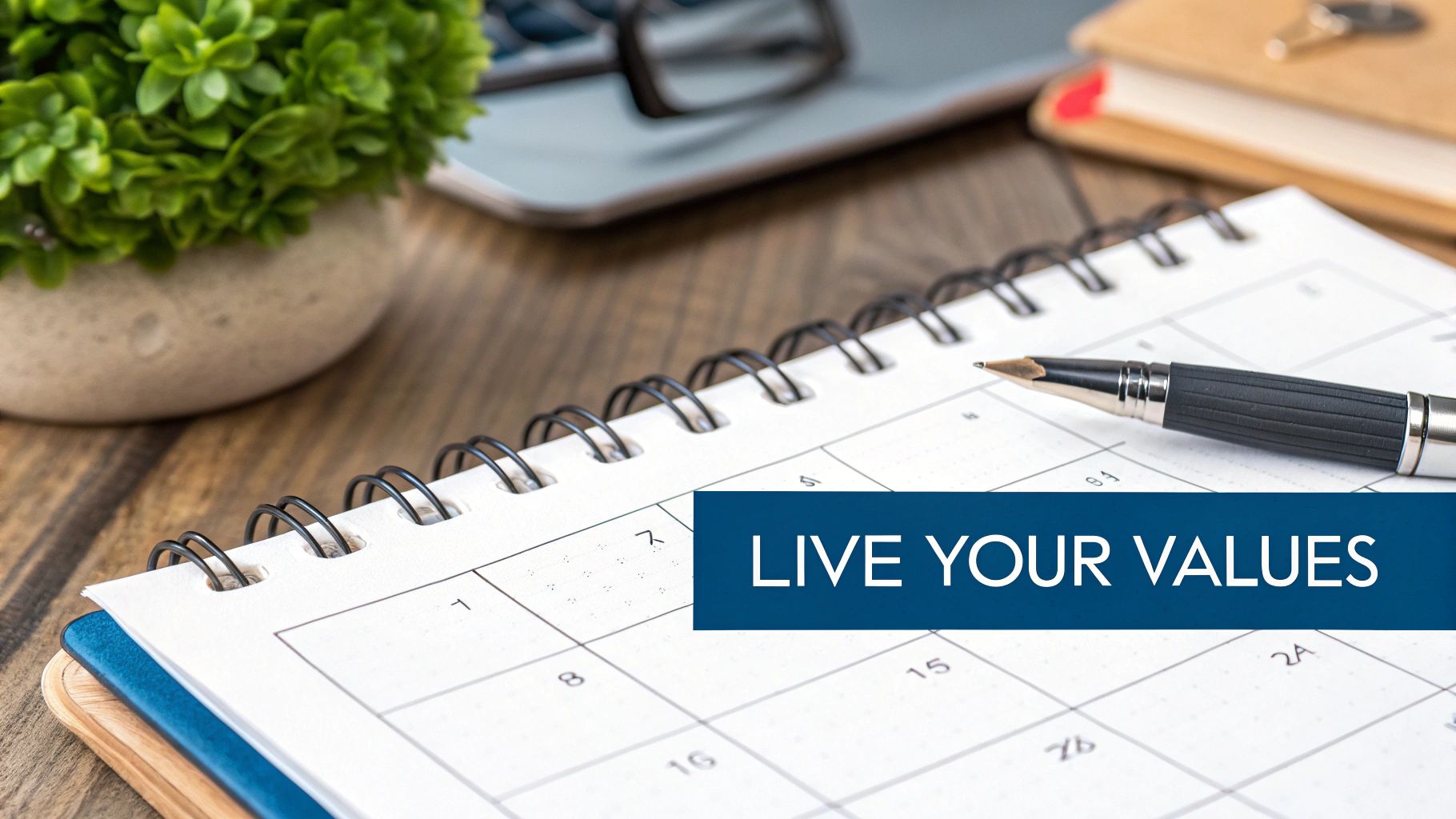 Calendar planner with pen and live your values text promoting intentional goal planning