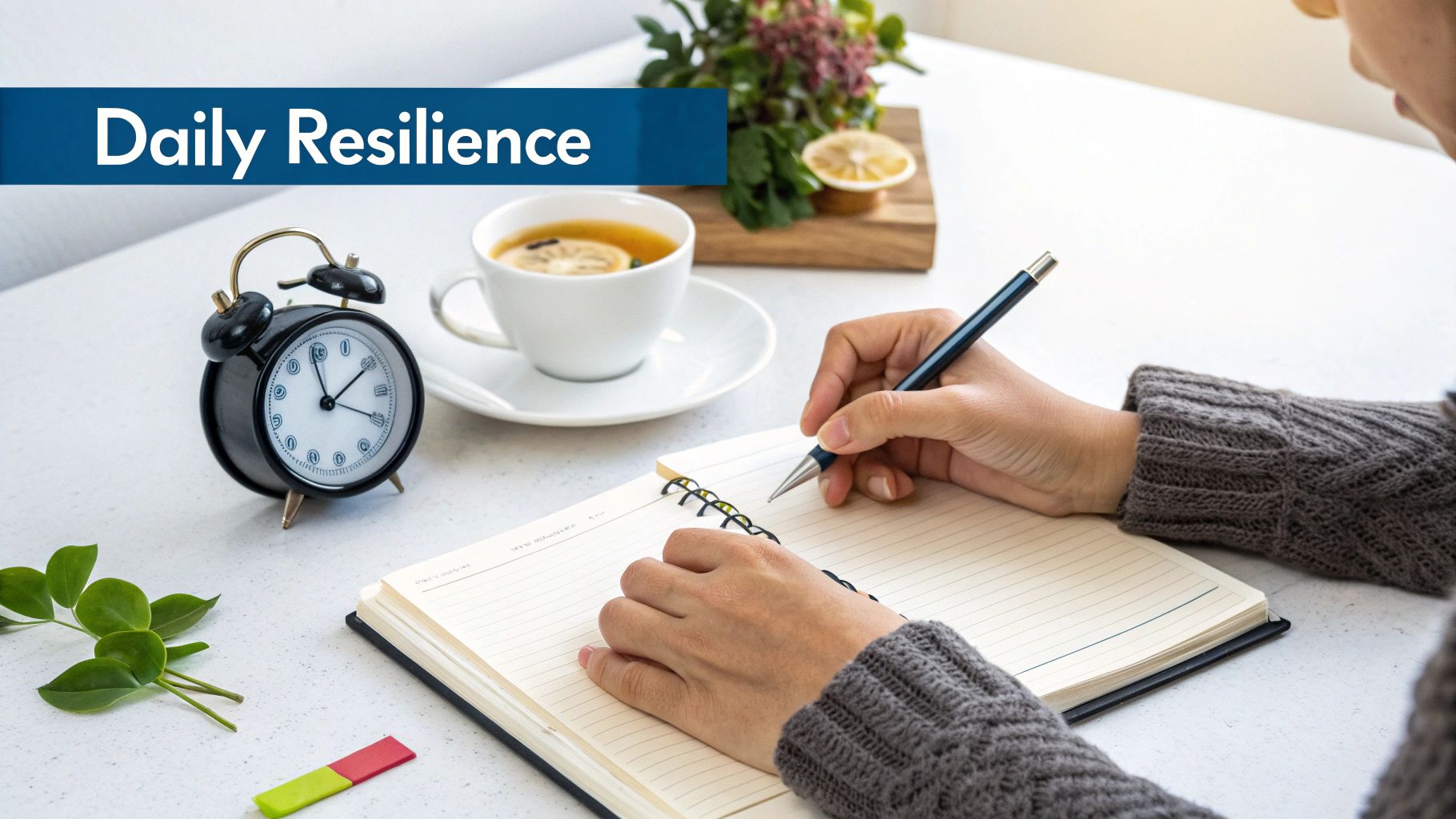Person writing in a notebook with a pen next to a cup of tea and an alarm clock, emphasizing daily resilience.