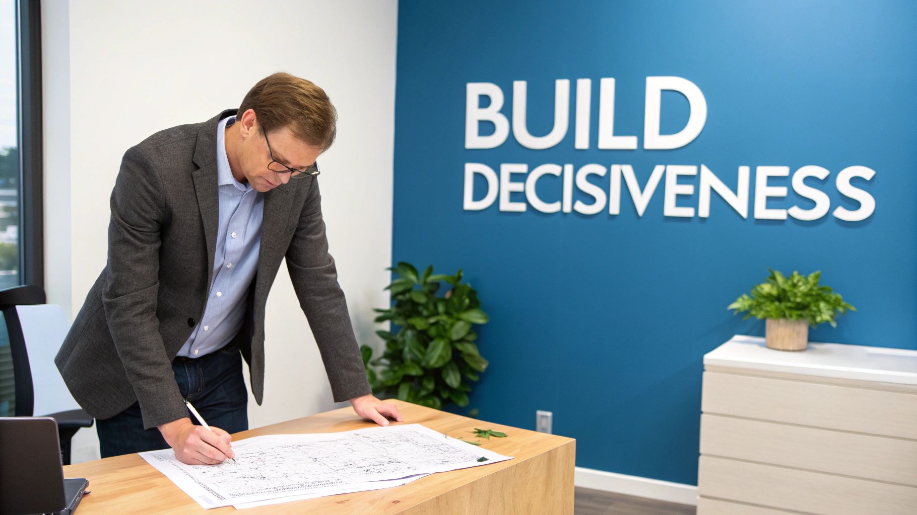 Business professional reviewing architectural plans in modern office with motivational decisiveness message on wall