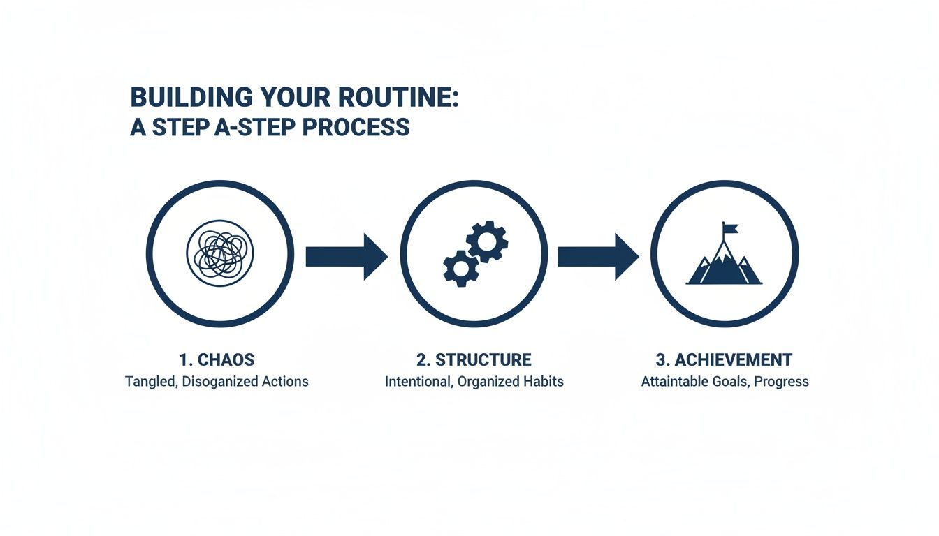 A diagram illustrating a three-step process for building a three-step process for building a routine: Chaos, Structure, Achievement.
