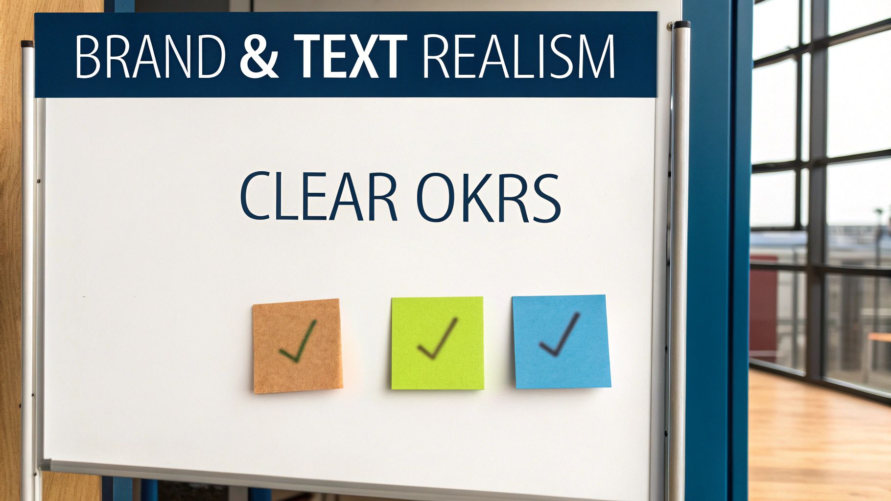 A whiteboard displays 'BRAND & TEXT REALISM' and 'CLEAR OKRS' with three sticky notes showing checkmarks.