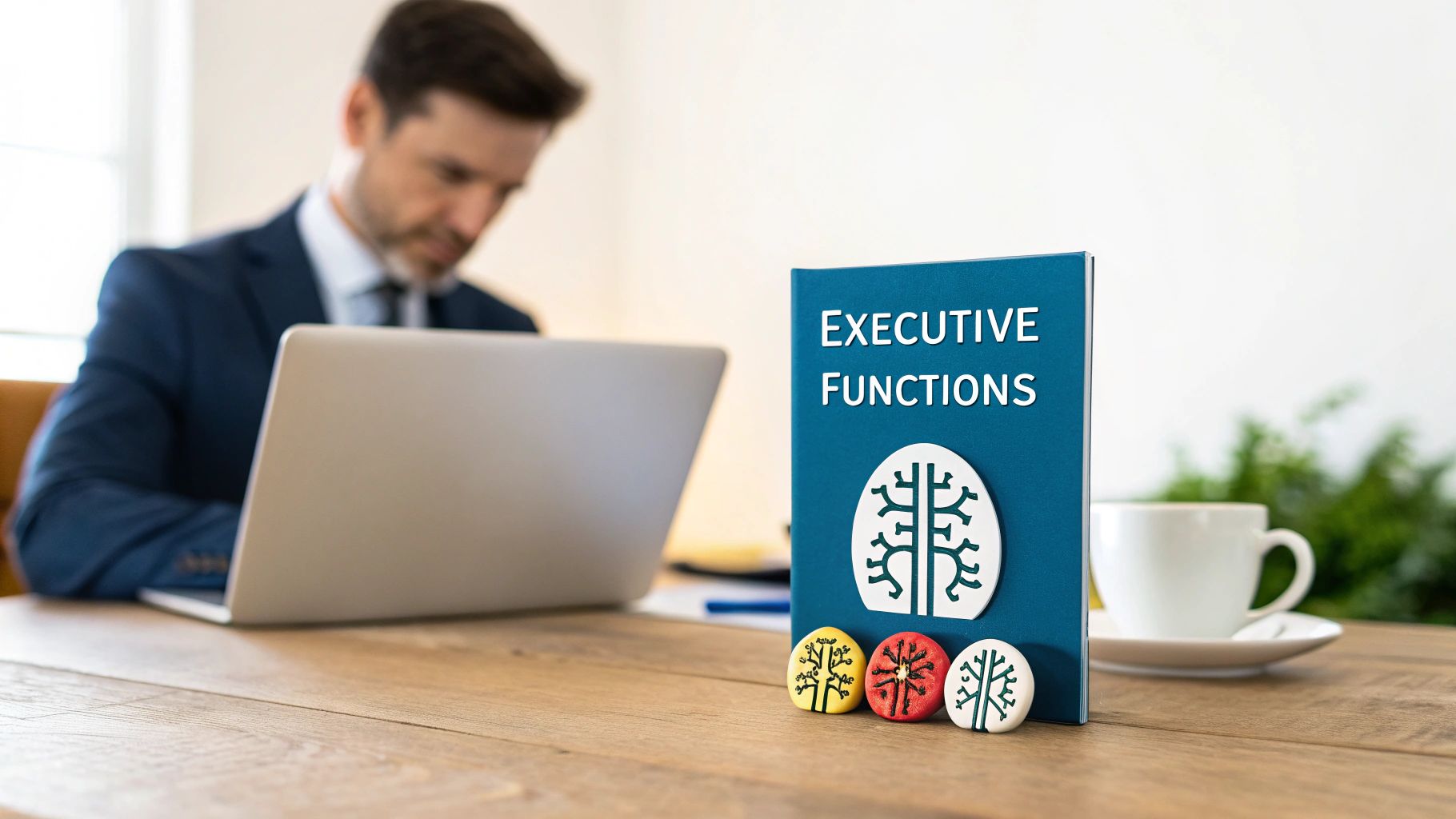 A man in a suit works on a laptop, next to a book titled "Executive Functions" and brain-themed tokens.