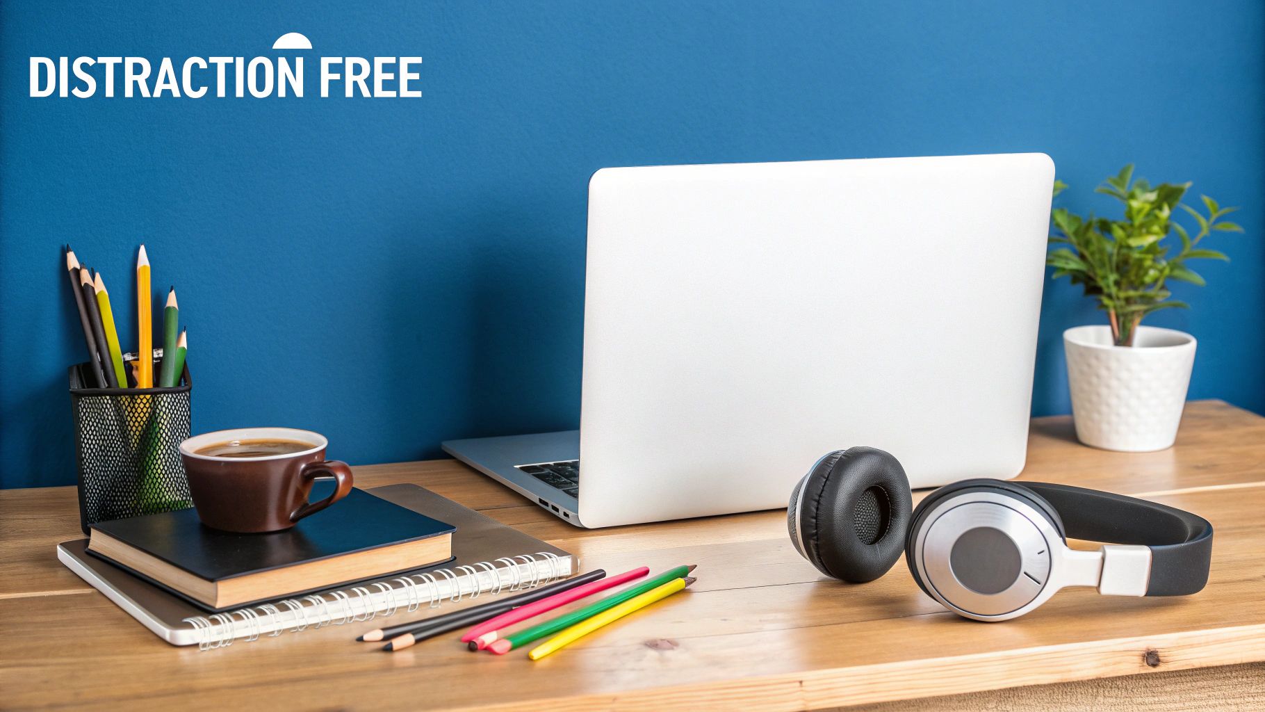 A person working at a clean, well-organized desk with noise-canceling headphones on.