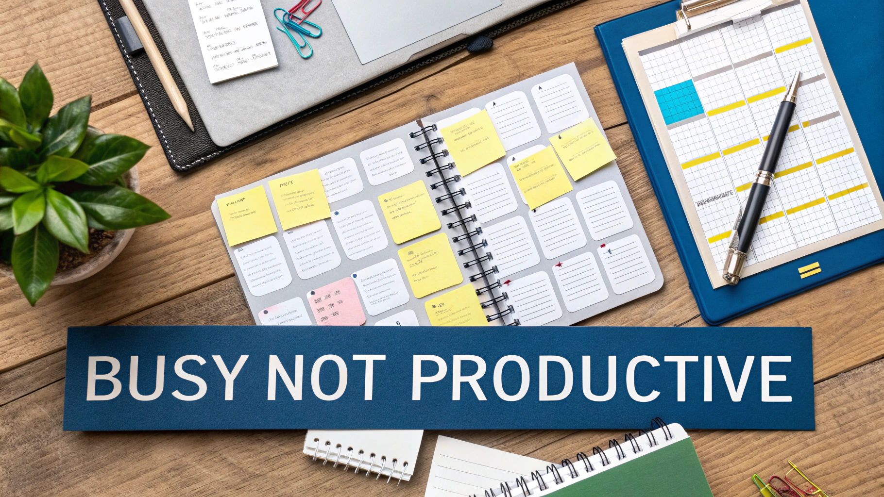 A flat lay of a messy desk with planners, sticky notes, a plant, and a 'BUSY NOT PRODUCTIVE' sign.