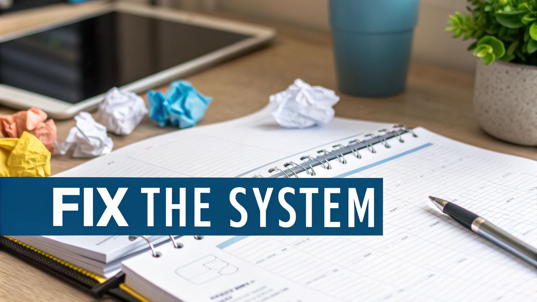 A desk with a notebook, pen, crumpled papers, a tablet, and a banner reading 'FIX THE SYSTEM'.
