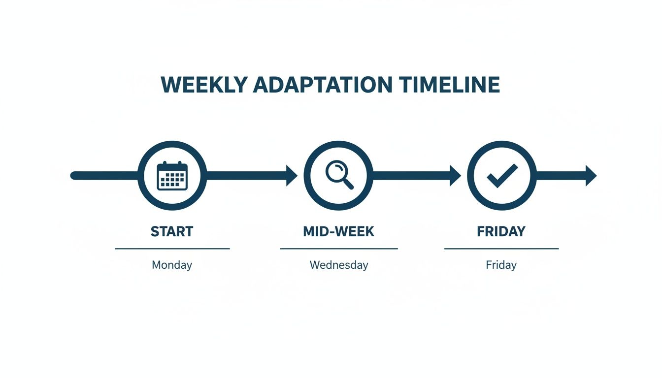 A weekly adaptation timeline showing Monday (start), Wednesday (mid-week), and Friday stages with icons.