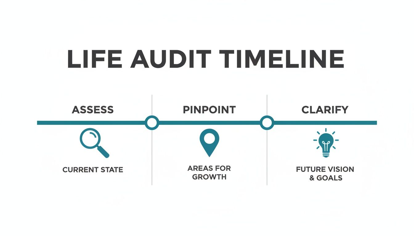 A life audit timeline showing three steps: Assess current state, Pinpoint areas for growth, and Clarify future vision and goals.