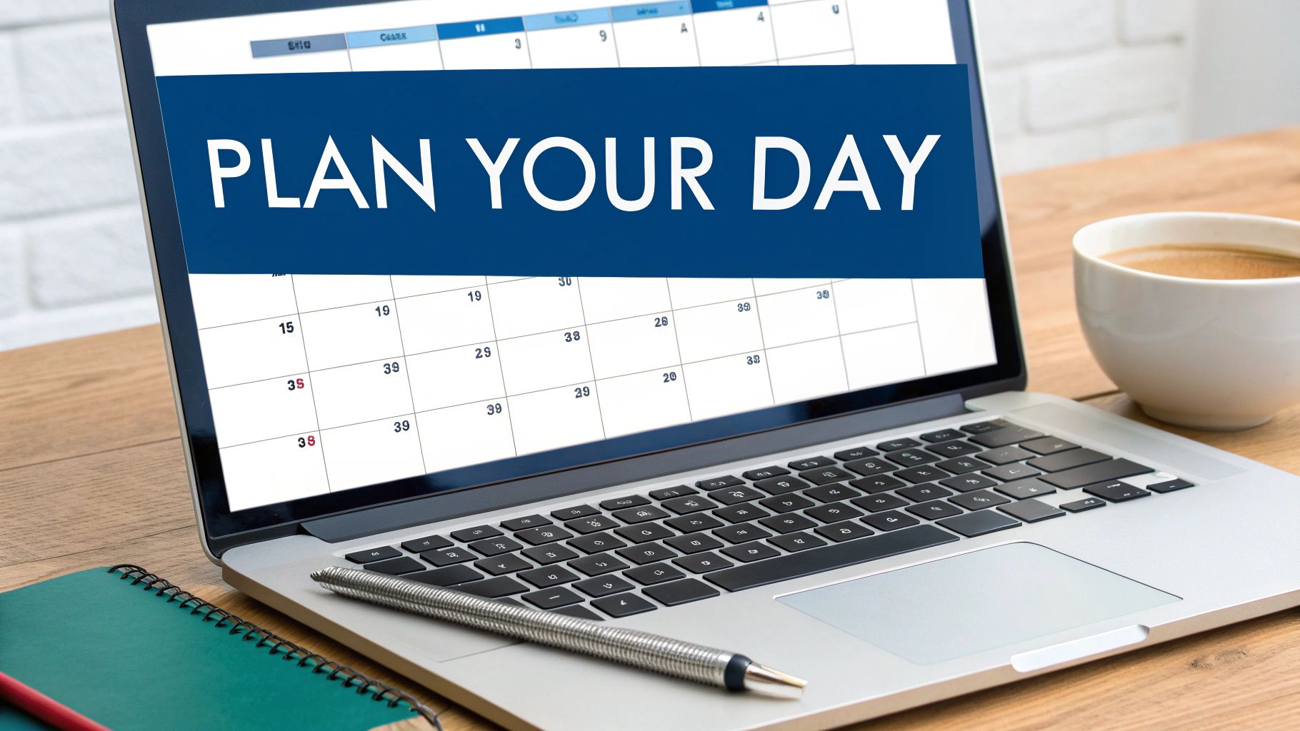 A laptop displays a calendar with 'PLAN YOUR DAY' text, a pen, notebook, and coffee cup.