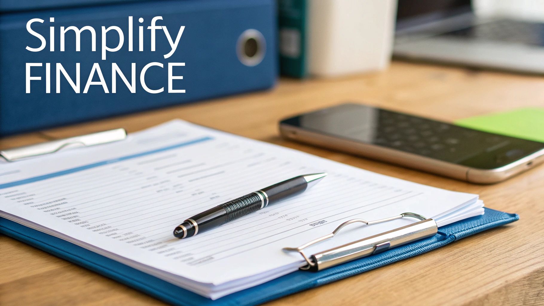 A desk setup with financial documents on a clipboard, a pen, and a smartphone, with 'Simplify FINANCE' text.