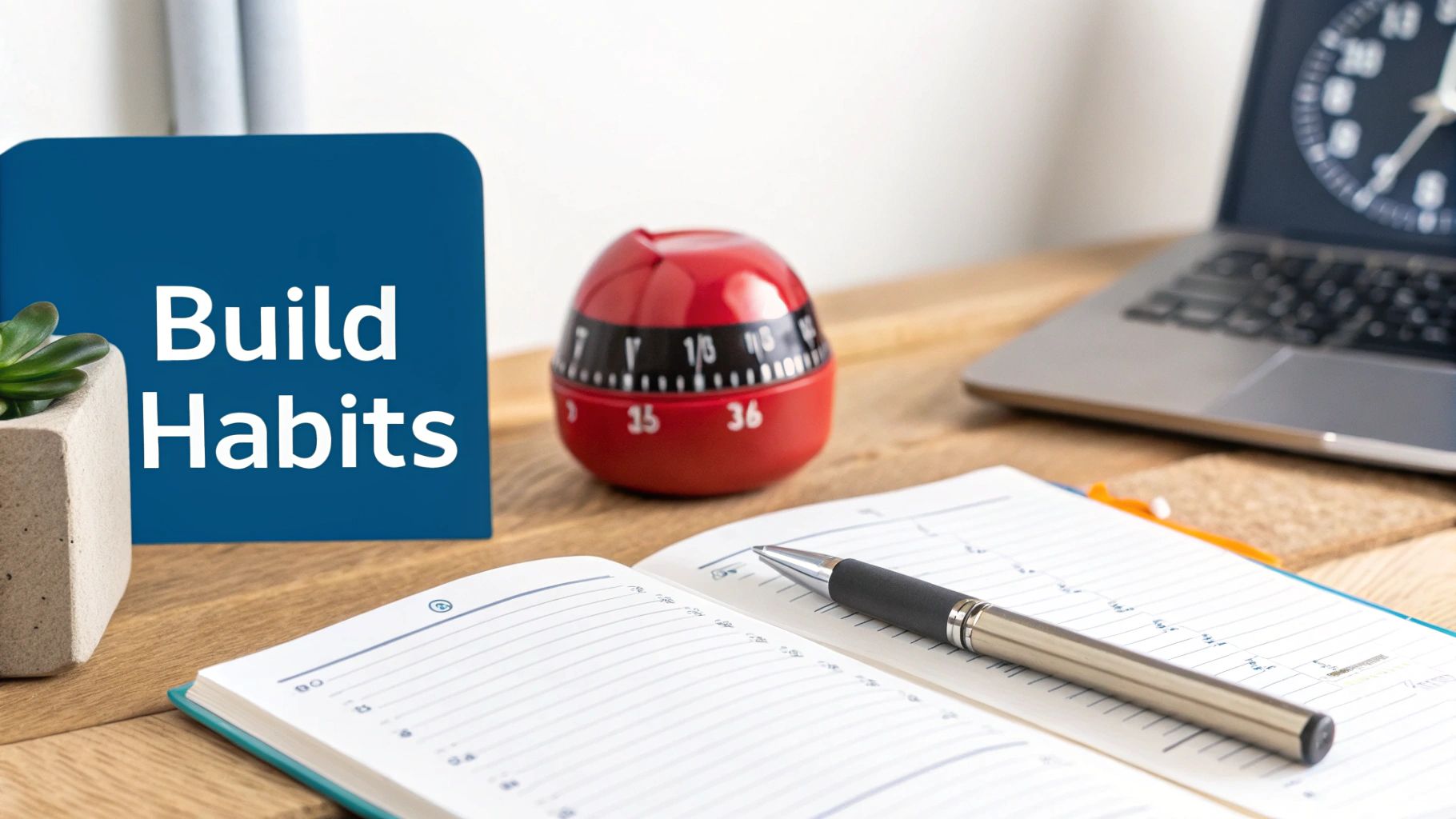 A wooden desk with a blue 'Build Habits' sign, a red timer, an open notebook, and a pen.
