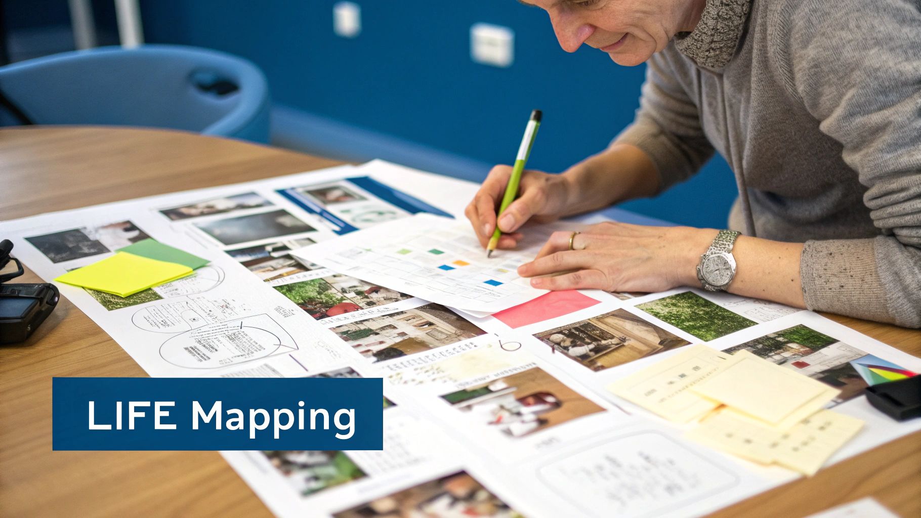 A person drawing a timeline on a large piece of paper spread across a wooden table, representing life mapping.