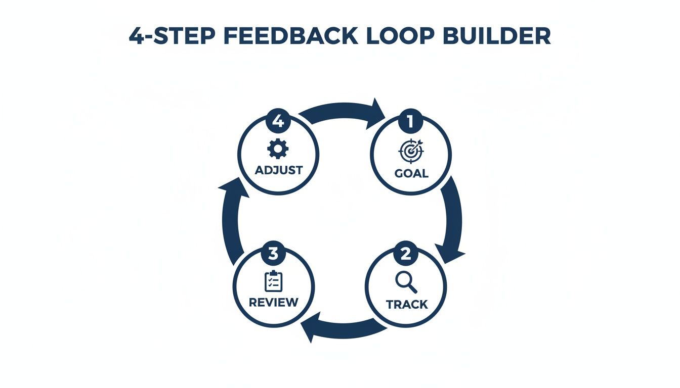 A 4-step feedback loop diagram showing Goal, Track, Review, and Adjust in a circular flow.