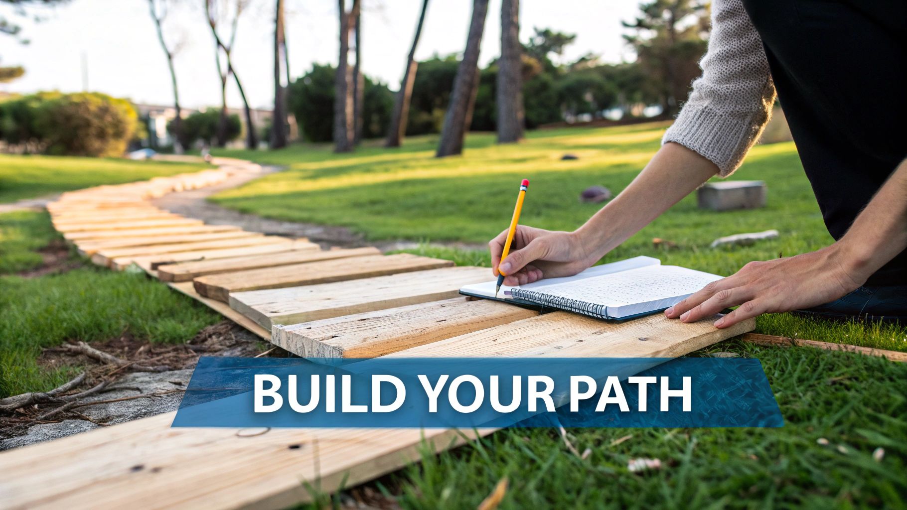 Person writing in notebook on wooden path through park, planning and building their personal life direction