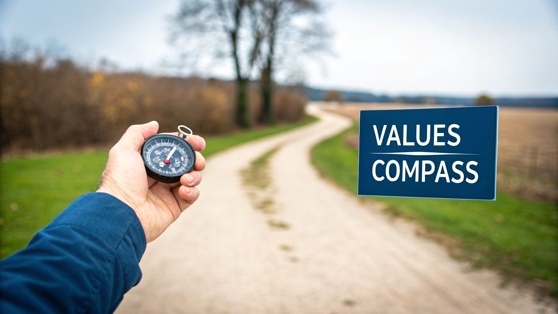 Hand holding compass on rural path with values compass sign representing moral guidance and life direction