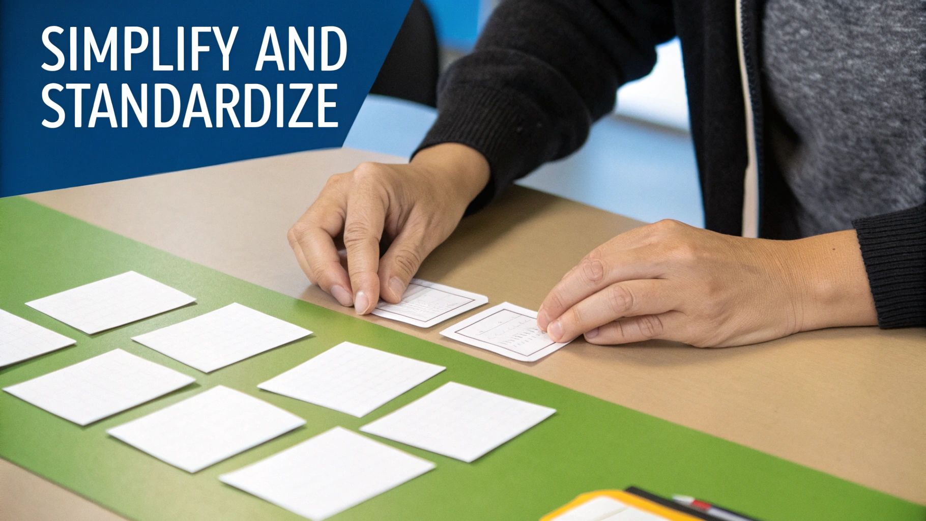 Hands arranging small concept cards on a table with 'SIMPLIFY AND STANDARDIZE' text.