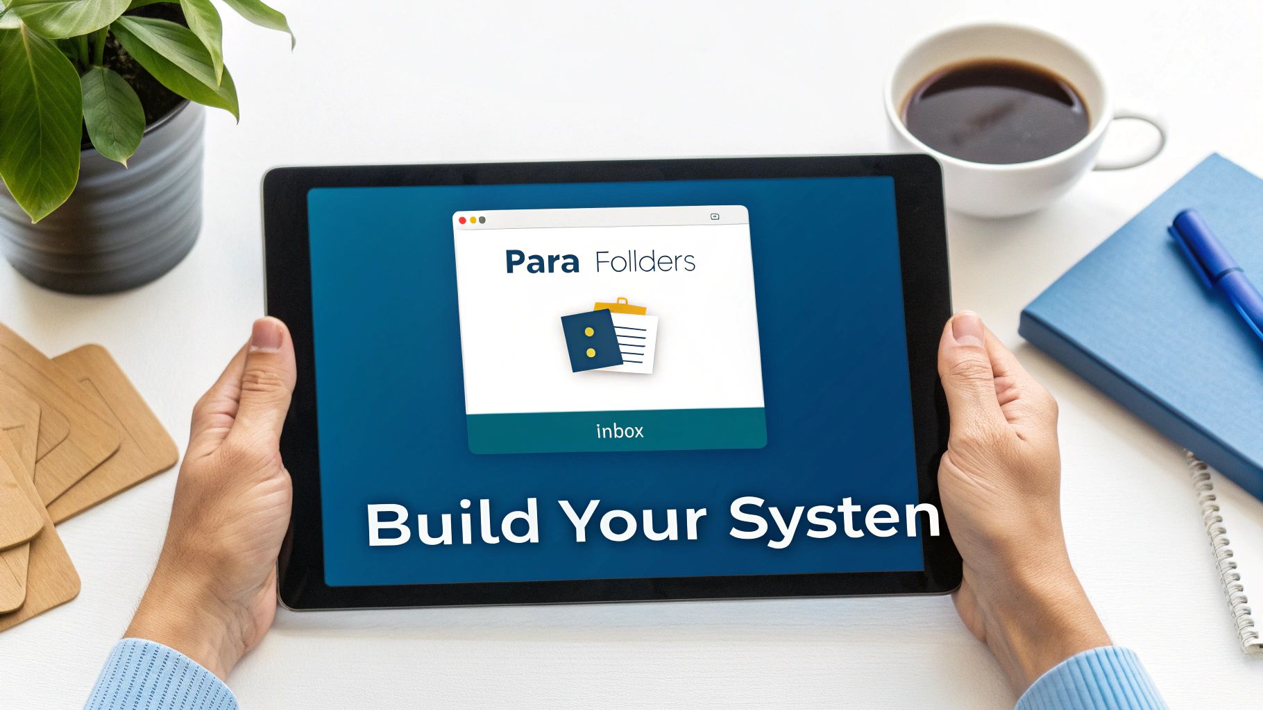 Person holding a tablet displaying a 'Para Follders' app and 'Build Your System' text.
