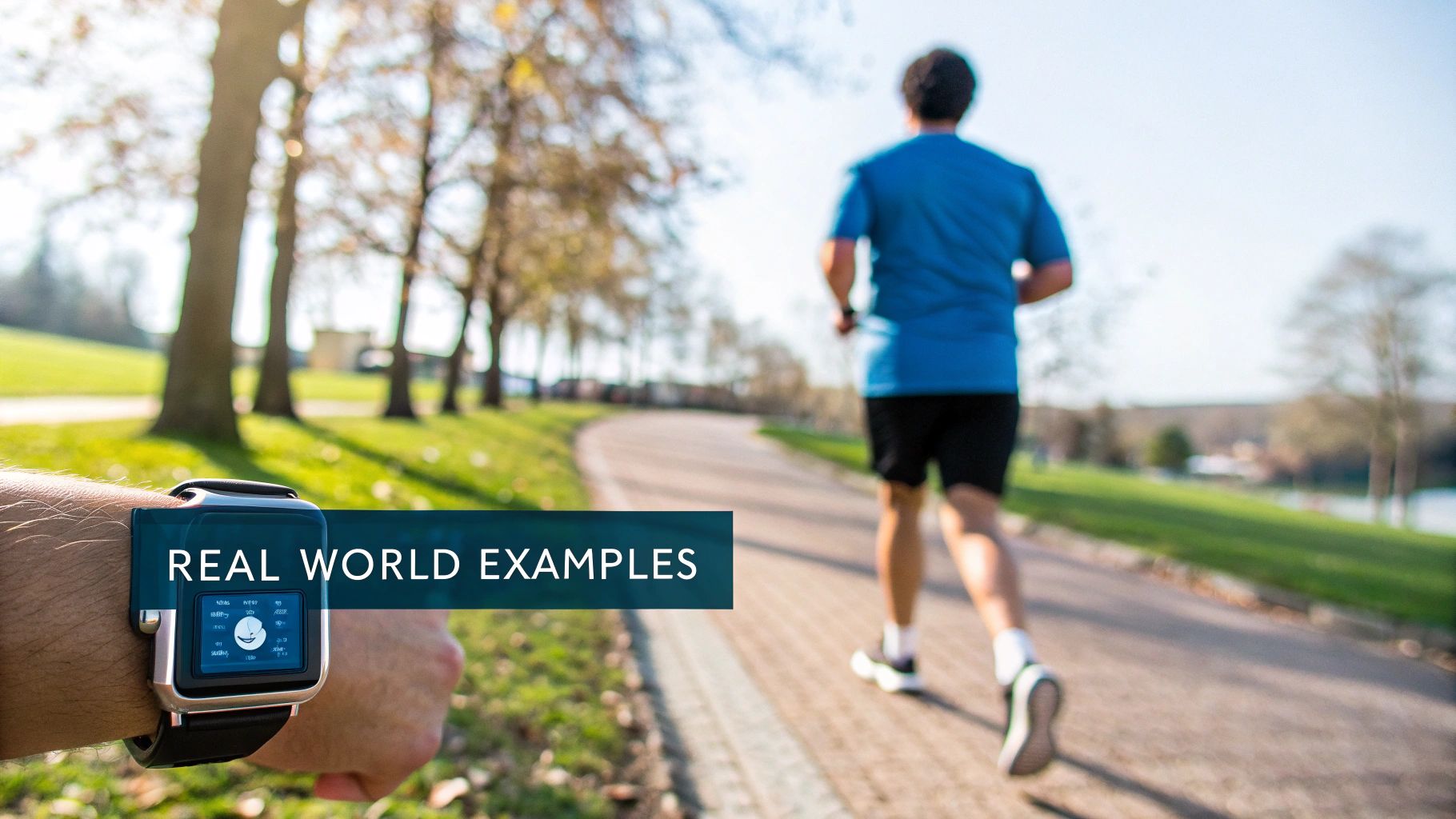 A person's wrist with a smartwatch displaying fitness data, while another person jogs outdoors.